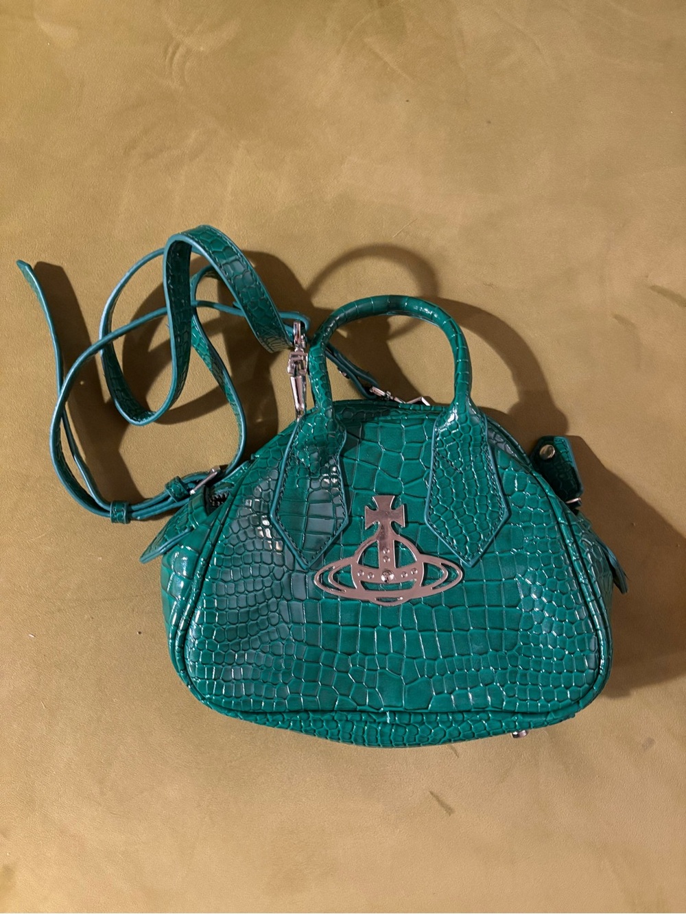 Faux Vivienne Westwood Emerald Green Croc-Embossed Mini Orb Satchel